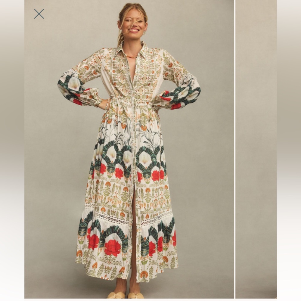 ISO By Anthropologie Printed Button Down Maxi Shirt Dress in Botanical